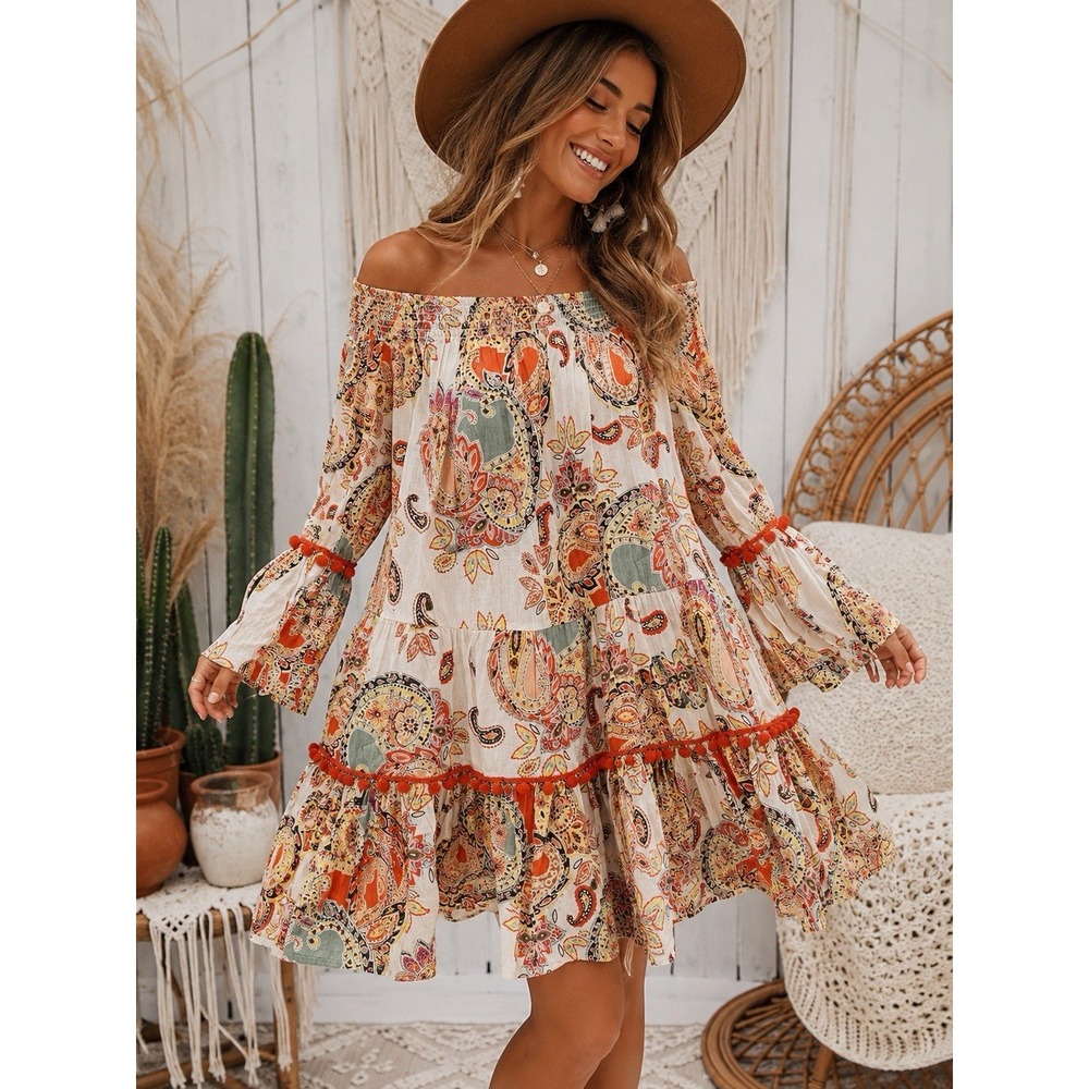 Off Shoulder Floral Boho Paisley Dress 100% Cotton Flowy L True Destinations